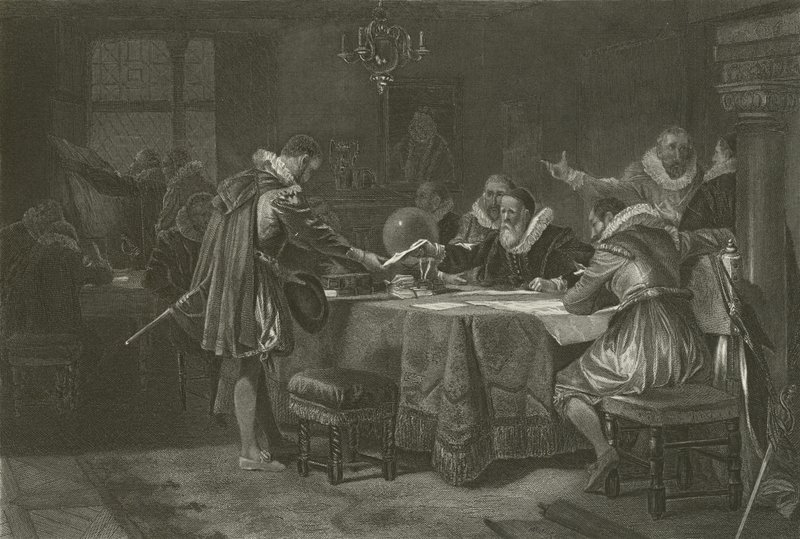 Henry Hudson otrzymuje zlecenie od Holenderskiej Kompanii Wschodnioindyjskiej, 1609 r. autorstwa Alonzo Chappel