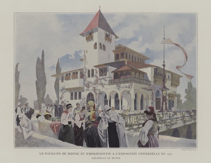 Pawilon Bośni i Hercegowiny na Exposition Universelle 1900, Paryż (kolor lito) autorstwa Alphonse Marie (after) Mucha