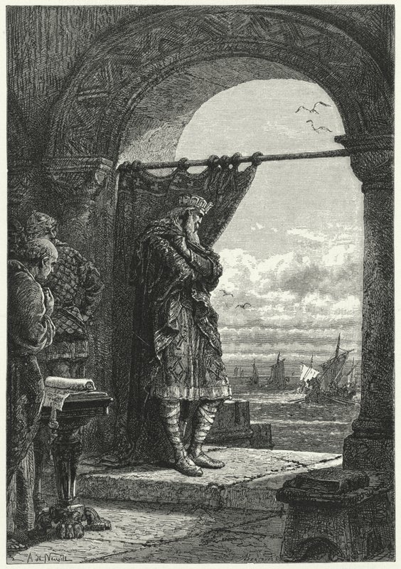 Karol Wielki z niepokojem obserwujący zbliżanie się statków przewożących normańskich najeźdźców (rycina) autorstwa Alphonse Marie de (after) Neuville