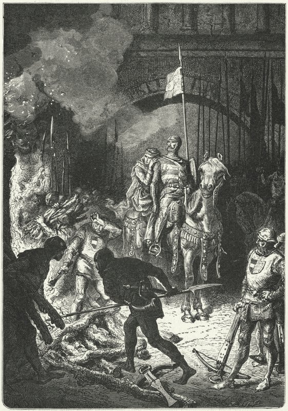 El Cid w towarzystwie swojej żony Dony Jimeny nadzoruje budowę stosu pogrzebowego Ahmeda, mauretańskiego króla Walencji autorstwa Alphonse Marie de (after) Neuville