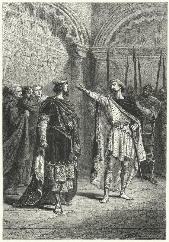 Hugh Capet, król Franków i zbuntowany hrabia Wojciech z Perigord, 987 (rycina) autorstwa Alphonse Marie de (after) Neuville