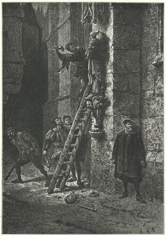 Protestanci niszczą posąg Matki Boskiej z Dzieciątkiem na Notre Dame w Paryżu autorstwa Alphonse Marie de (after) Neuville
