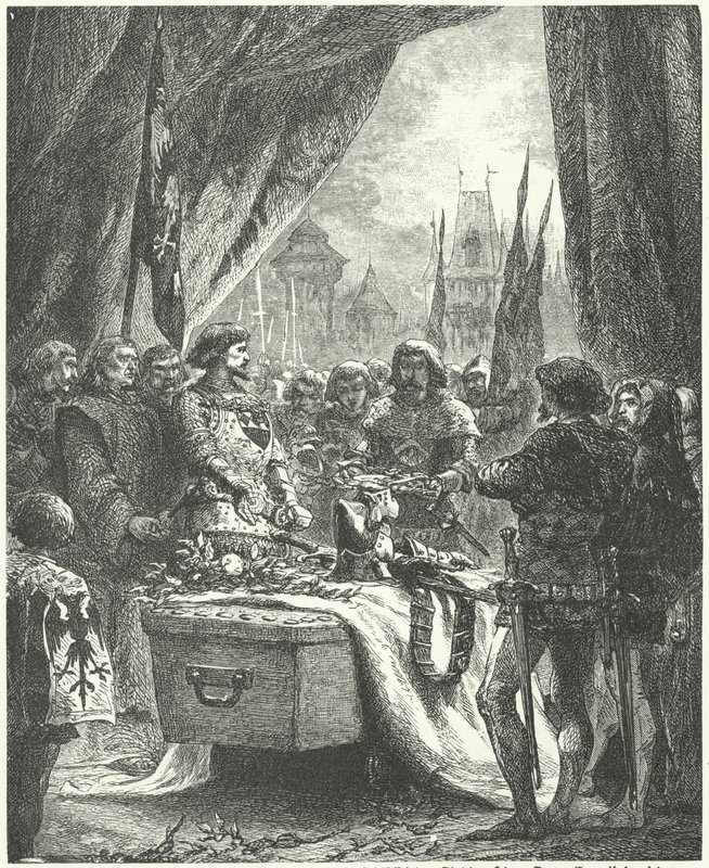 Komendant Chateauneuf de Randon składa klucze do miasta na trumnie Bertranda du Guesclin autorstwa Alphonse Marie de (after) Neuville