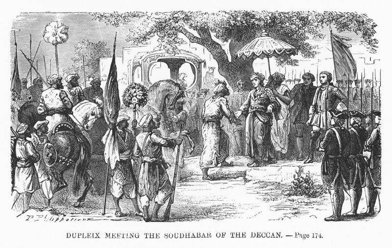 Dupleix spotykający Soudhabara z Dekanu, ilustracja z "Popularnej historii Francji" M. Guizot, ok. 1885 r. autorstwa Alphonse Marie de Neuville