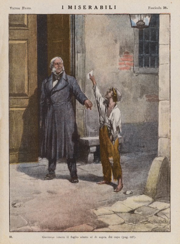 Ilustracja do "Les Miserables" Victora Hugo (kolorowa litografia) autorstwa Ambrogio Lombardi