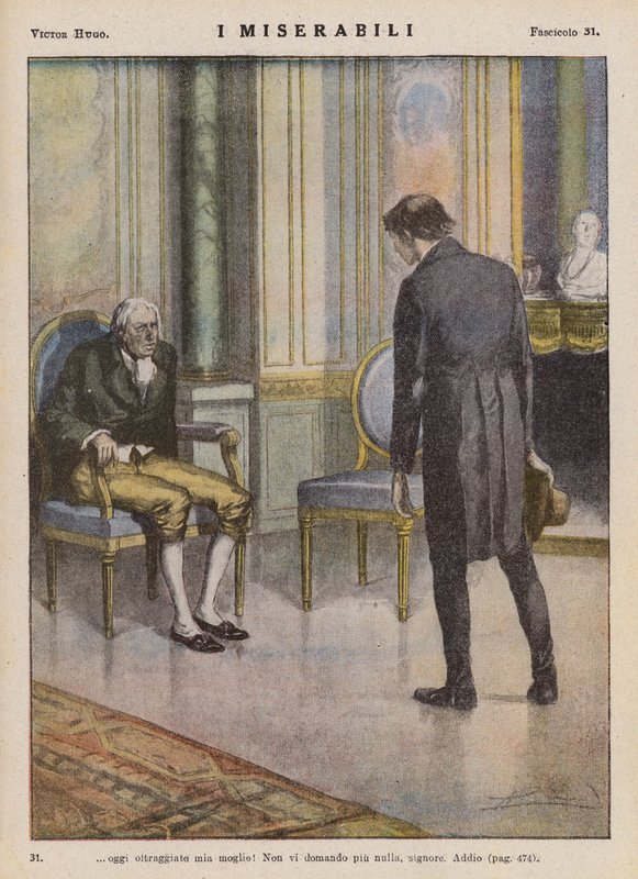 Ilustracja do "Les Miserables" Victora Hugo (kolorowa litografia) autorstwa Ambrogio Lombardi