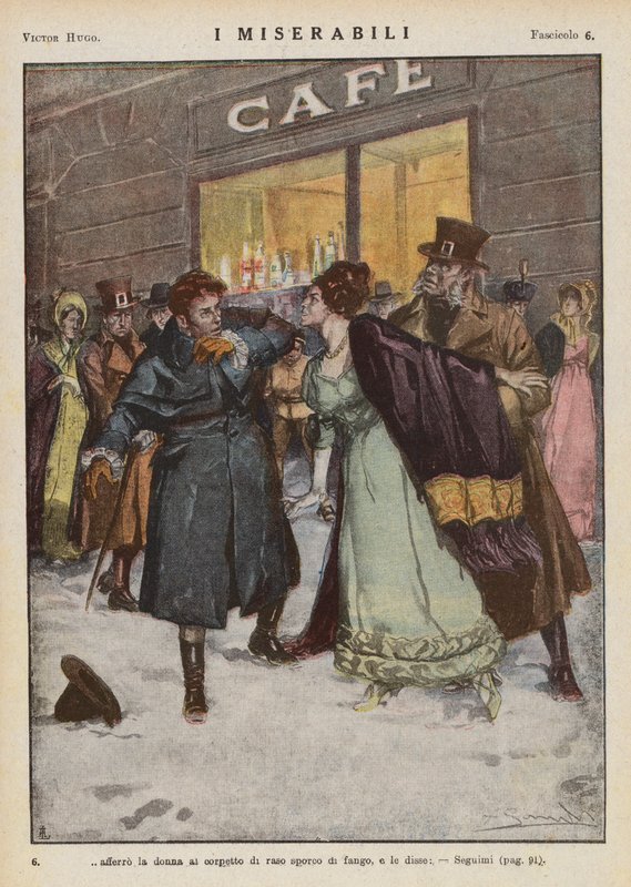 Ilustracja do "Les Miserables" Victora Hugo (kolorowa litografia) autorstwa Ambrogio Lombardi