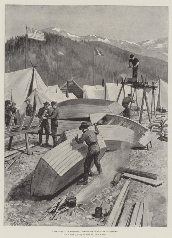Od Euston do Klondike, budowa łodzi nad jeziorem Linderman autorstwa Amedee Forestier