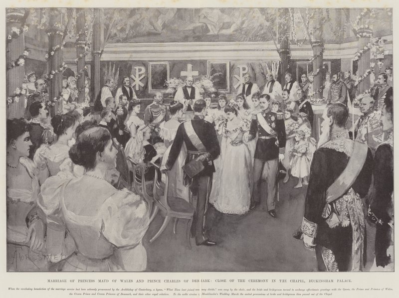 Ślub księżniczki Maud z Walii i księcia Karola z Danii, zakończenie ceremonii w kaplicy, Pałac Buckingham autorstwa Amedee Forestier