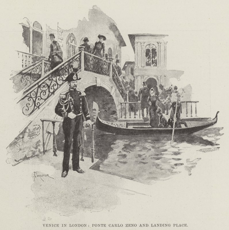 Wenecja w Londynie, Ponte Carlo Zeno i Landing Place autorstwa Amedee Forestier
