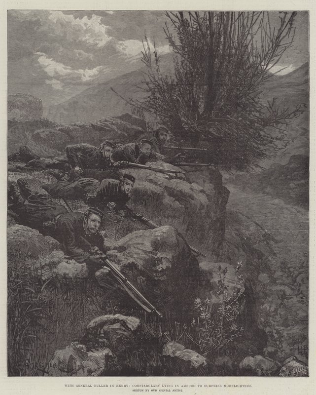 Z generałem Bullerem w Kerry, policja leżąca w zasadzce, by zaskoczyć Moonlighters autorstwa Amedee Forestier
