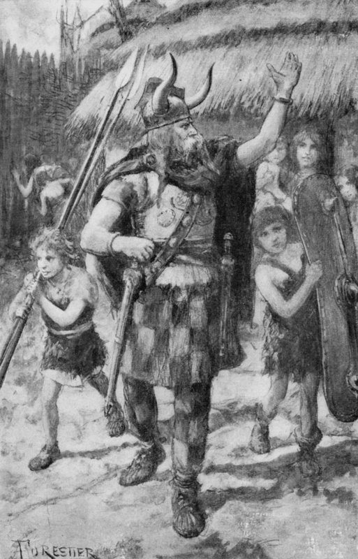 Celtyccy mieszkańcy wioski w Wielkiej Brytanii wyruszają, by odpędzić najeżdżających Teutonów (litos) autorstwa Amedee (after) Forestier