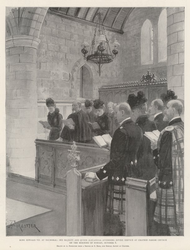 Król Edward VII w Balmoral, Jego Wysokość i Królowa Aleksandra uczestniczą w nabożeństwie w kościele parafialnym Crathie w niedzielny poranek 6 października autorstwa Amedee Forestier