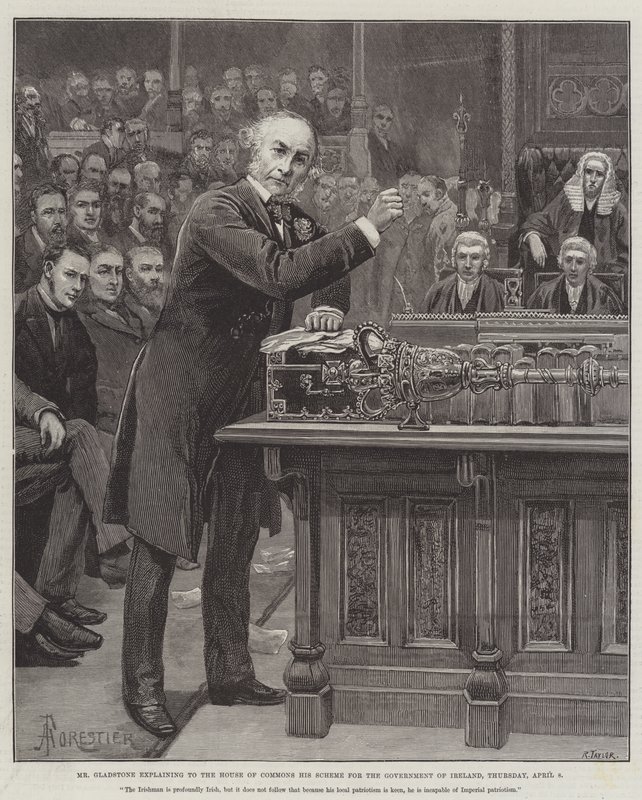Pan Gladstone wyjaśnia Izbie Gmin swój plan dla rządu Irlandii, czwartek, 8 kwietnia autorstwa Amedee Forestier