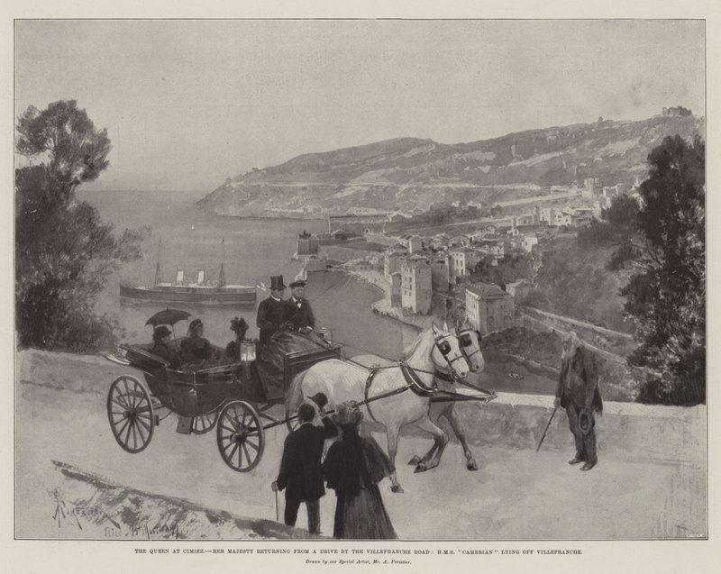 Królowa w Cimiez, Jej Wysokość wraca z Drive przy Villefranche Road, HMS Cambrian leżący na Villefranche autorstwa Amedee Forestier