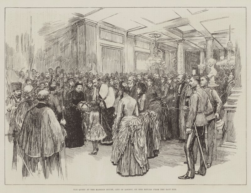 Królowa w Mansion House, City of London, w drodze powrotnej z East End autorstwa Amedee Forestier