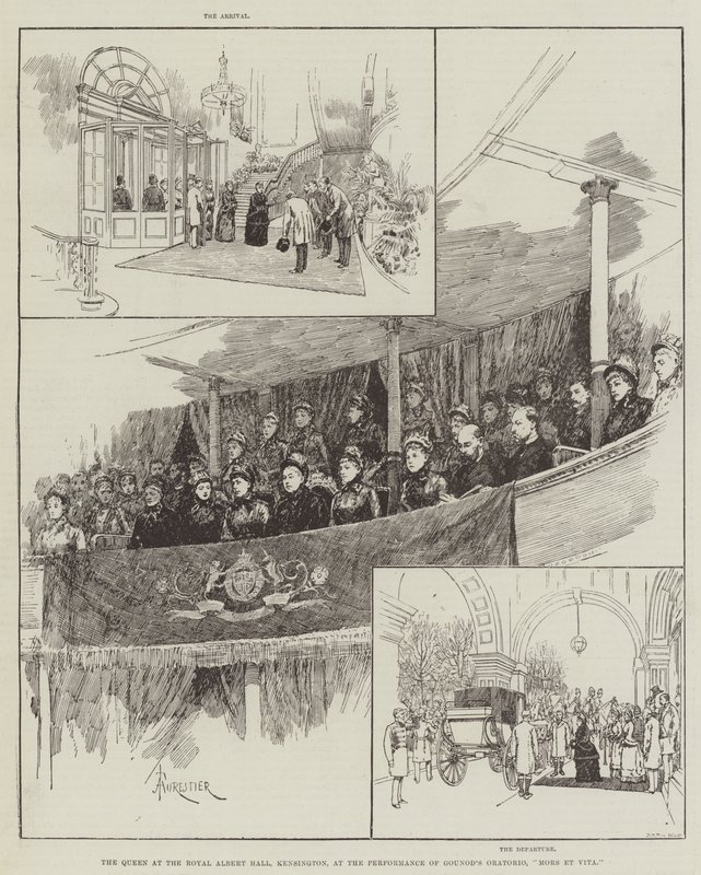 Królowa w Royal Albert Hall, Kensington, podczas wykonania oratorium Gounoda Mors et Vita autorstwa Amedee Forestier
