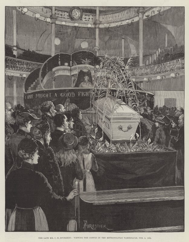Śp. C H Spurgeon, oglądający trumnę w Metropolitan Tabernacle, 9 lutego 1892 r. autorstwa Amedee Forestier