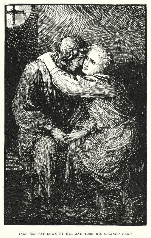 Innocens usiadł przy nim i wziął jego skutą rękę (rycina) autorstwa Amelia M. (attr.to) Bowerley or Bauerle