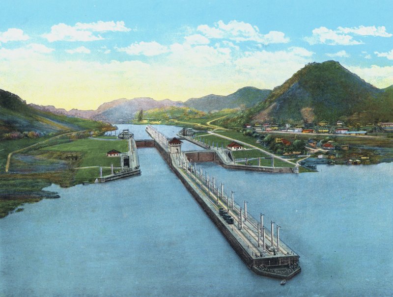 Widok z lotu ptaka na Pedro Miguel Locks, Kanał Panamski (kolorowe zdjęcie) autorstwa American Photographer (after)