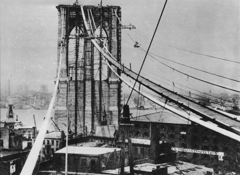 Brooklyn Bridge, Nowy Jork, w budowie, ok. 1880 (zdjęcie czarno-białe) autorstwa American Photographer (after)