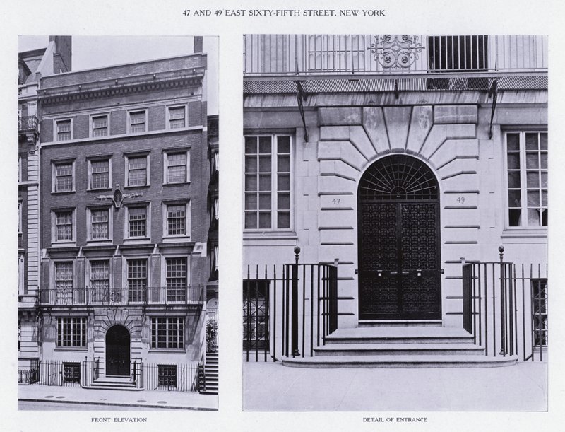 Charles A Platt: 47 i 49 East Sixty-Fifth Street, Nowy Jork, elewacja frontowa, fragment wejścia (zdjęcie czarno-białe) autorstwa American Photographer (after)