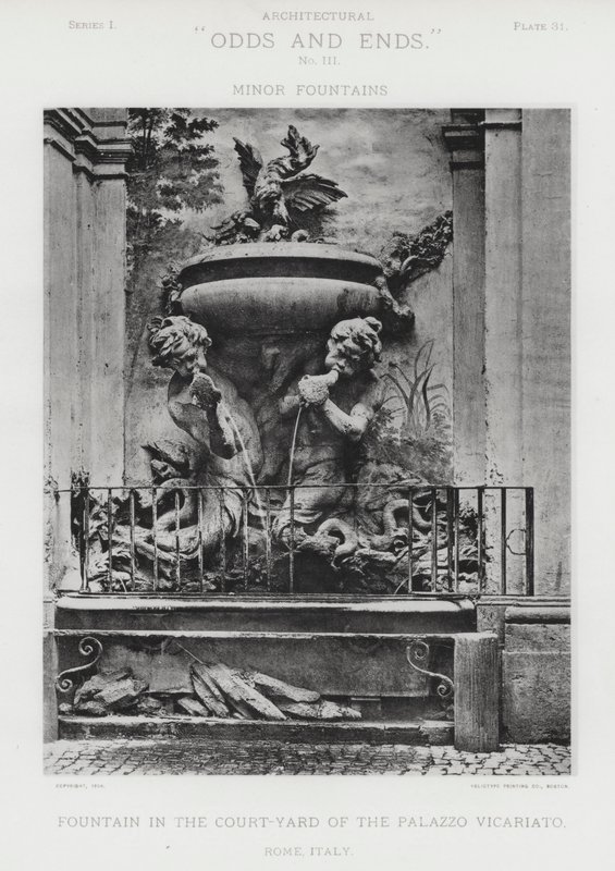 Fontanna na dziedzińcu Palazzo Vicariato, Rzym, Włochy (zdjęcie czarno-białe) autorstwa American Photographer (after)