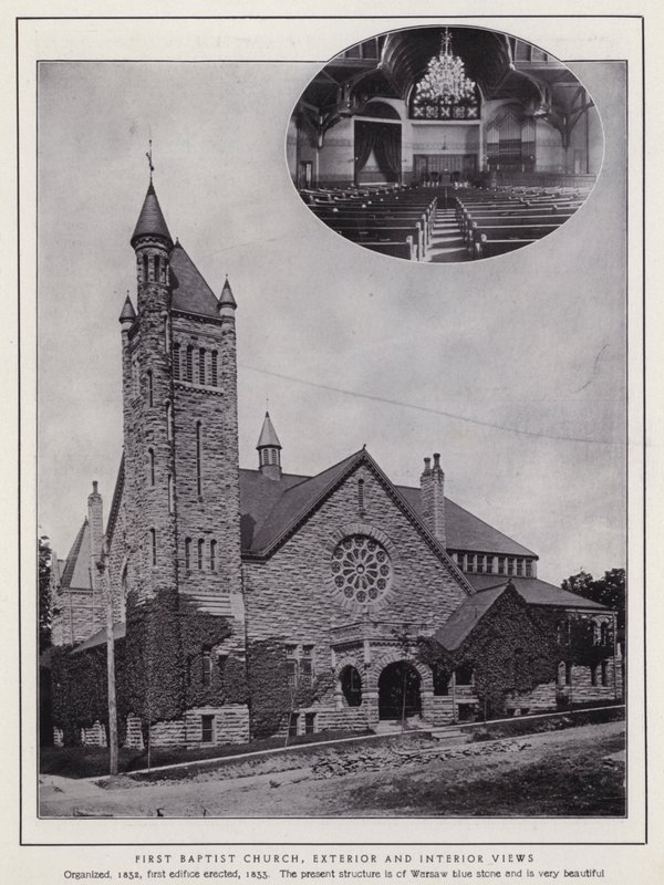 Jamestown, NY: Pierwszy Kościół Baptystów, widok z zewnątrz i wewnątrz (zdjęcie czarno-białe) autorstwa American Photographer (after)
