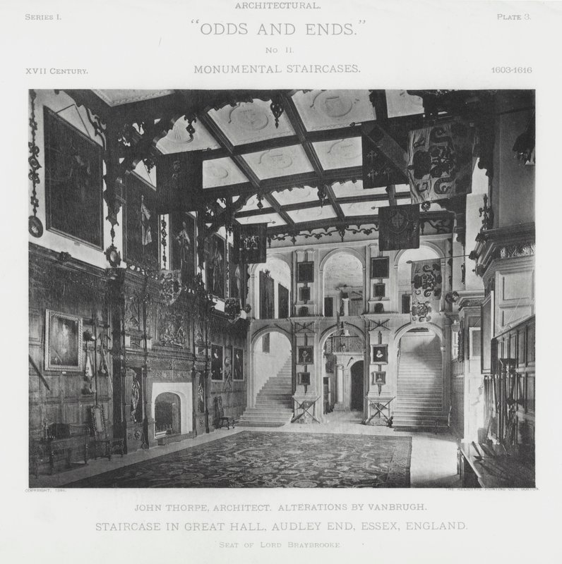 Schody w Wielkiej Sali, Audley End, Essex, Anglia (zdjęcie czarno-białe) autorstwa American Photographer (after)