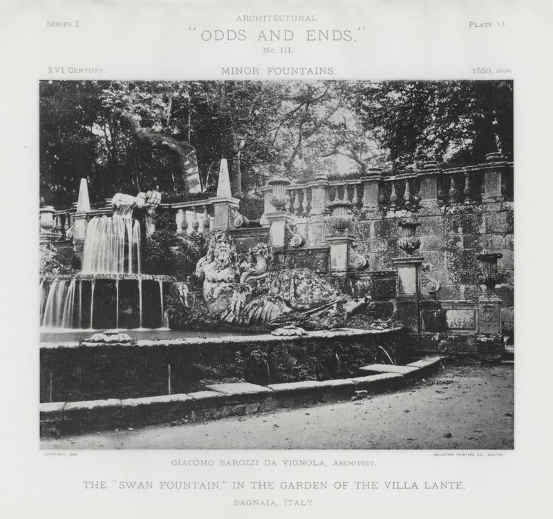 „Fontanna łabędzia” w ogrodzie Villa Lante, Bagnaia, Włochy (zdjęcie czarno-białe) autorstwa American Photographer (after)