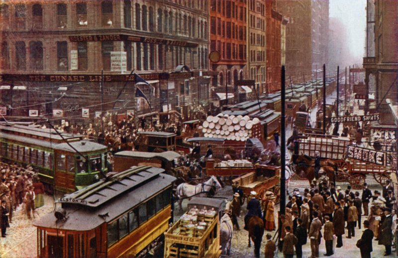 Pracowity dzień na ulicach Dearborn i Randolph (zdjęcie kolorowe) autorstwa American Photographer