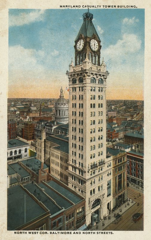 Baltimore, MA: Budynek Maryland Casualty Tower, północno-zachodni narożnik ulic Baltimore i North (zdjęcie kolorowe) autorstwa American Photographer
