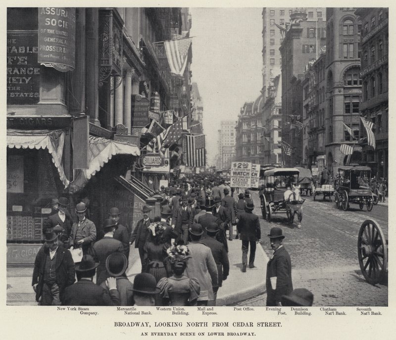 Broadway, patrząc na północ od Cedar Street (zdjęcie czarno-białe) autorstwa American Photographer