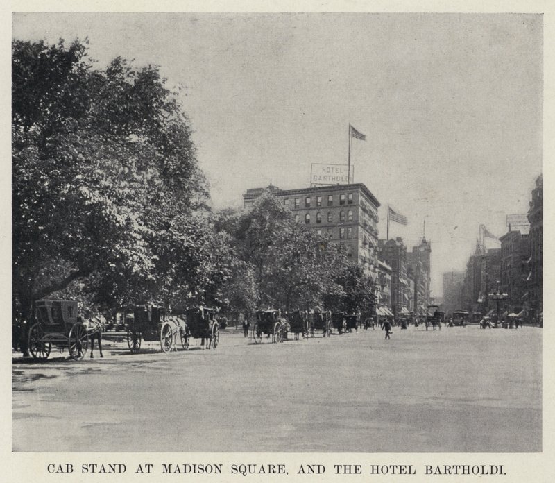 Cab Stand na Madison Square i Hotel Bartholdi (zdjęcie czarno-białe) autorstwa American Photographer