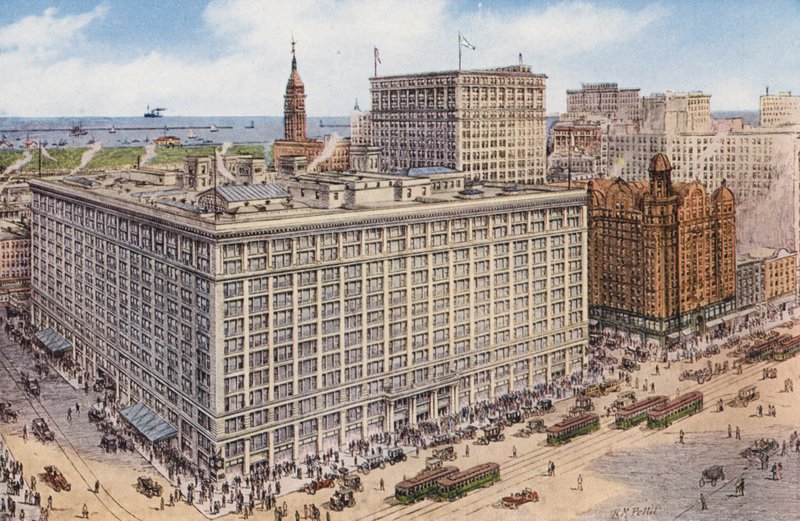 Chicago: Marshall Field and Company z ulic State i Randolph, lokal handlowy największego sklepu na świecie (zdjęcie kolorowe) autorstwa American Photographer
