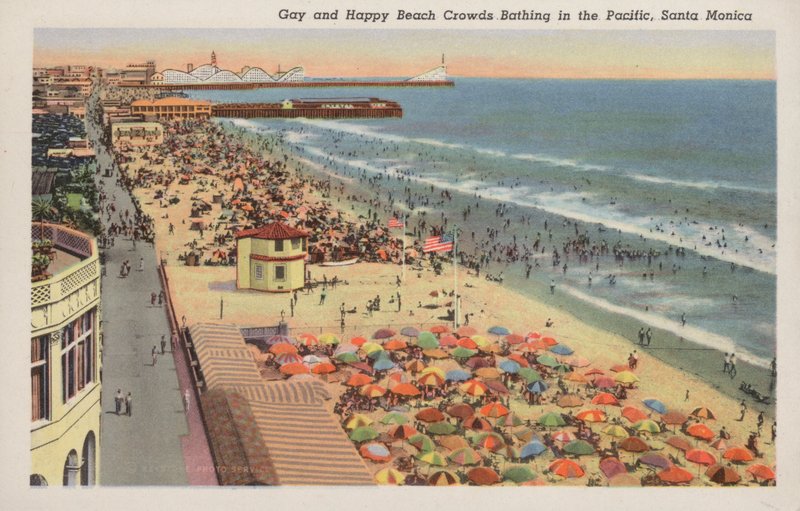 Wesołe i wesołe tłumy na plaży kąpiące się na Pacyfiku, Santa Monica autorstwa American Photographer
