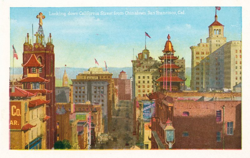 Spojrzenie w dół California Street z Chinatown, San Francisco, Kalifornia (zdjęcie kolorowe) autorstwa American Photographer