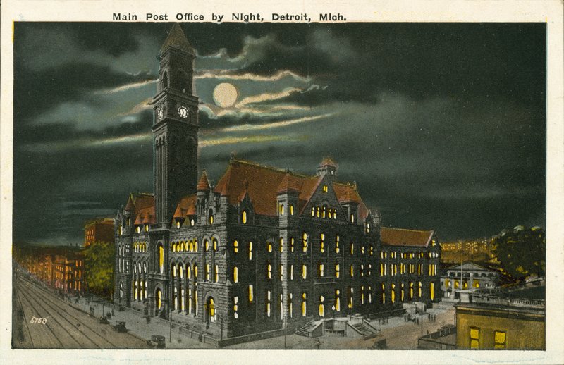 Poczta główna nocą, Detroit, Michigan (zdjęcie kolorowe) autorstwa American Photographer