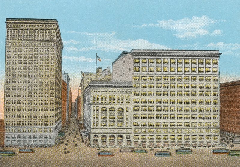 Marshall Field and Company, sklepy detaliczne, Wabash i Waszyngton (kolorowe zdjęcie) autorstwa American Photographer