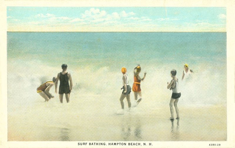 Kąpiel surfingowa, Hampton Beach, New Hampshire, ok. 1920 r. (zdjęcie kolorowe) autorstwa American Photographer
