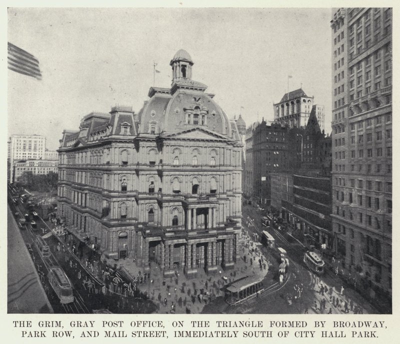 The Grim, Gray Post Office, w trójkącie utworzonym przez Broadway, Park Row i Mail Street, bezpośrednio na południe od City Hall Park (zdjęcie czarno-białe) autorstwa American Photographer