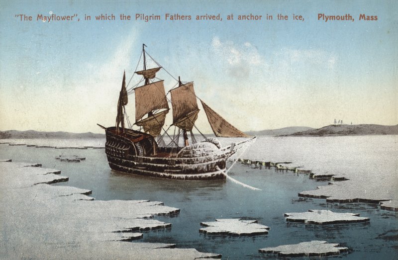 Statek Mayflower, którym przybyli Ojcowie Pielgrzymi, na kotwicy w lodzie, Plymouth, Massachusetts (zdjęcie kolorowe) autorstwa American Photographer