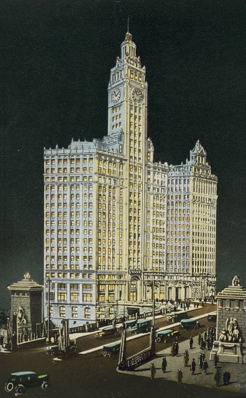 Budynek Wrigley, część południowa i północna, nocą (kolorowe zdjęcie) autorstwa American Photographer