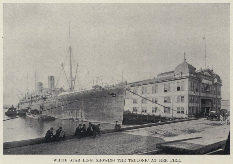 White Star Line, przedstawiający Krzyżaka na jej molo (zdjęcie czarno-białe) autorstwa American Photographer