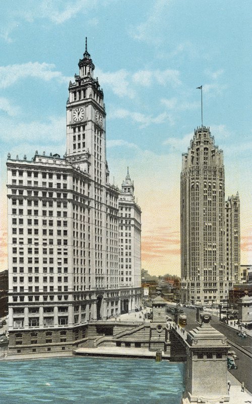 Wrigley Building i Tribune Tower (kolorowe zdjęcie) autorstwa American Photographer