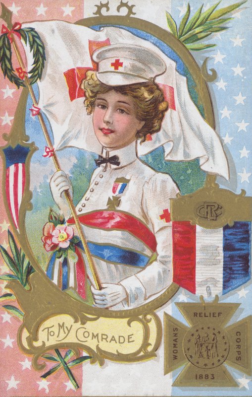 Kobieta z Kobiecego Korpusu Pomocy, założonego w 1883 roku, i medal, który by otrzymała autorstwa American School
