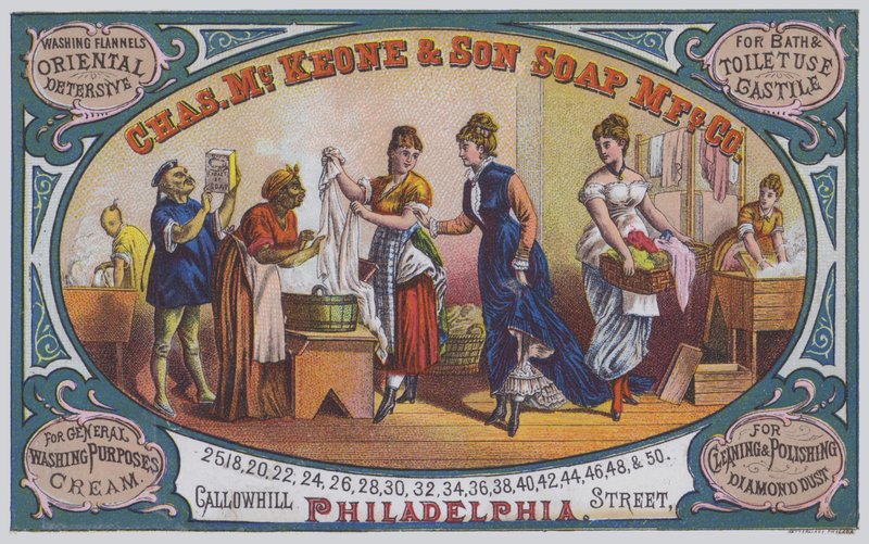 Reklama firmy Charles McKeone & Son Soap Manufacturing Company, Filadelfia, Pensylwania, USA (kolor lito) autorstwa American School