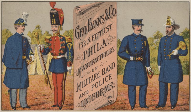 Reklama firmy George Evans & Co, producenta mundurów wojskowych, orkiestrowych i policyjnych, 132 N Fifth Street, Filadelfia autorstwa American School