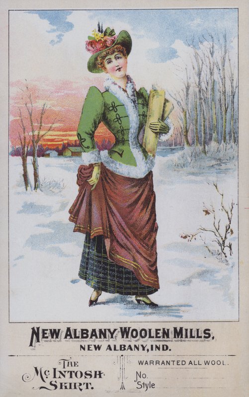 Reklama spódnicy McIntosh, z New Albany Woolen Mills, Indiana, USA (chromolitho) autorstwa American School