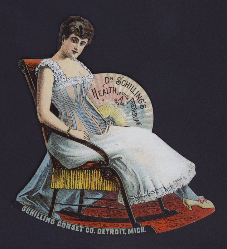 Reklama firmy Schilling Corset Company, Detroit, Michigan, USA (kolor lito) autorstwa American School